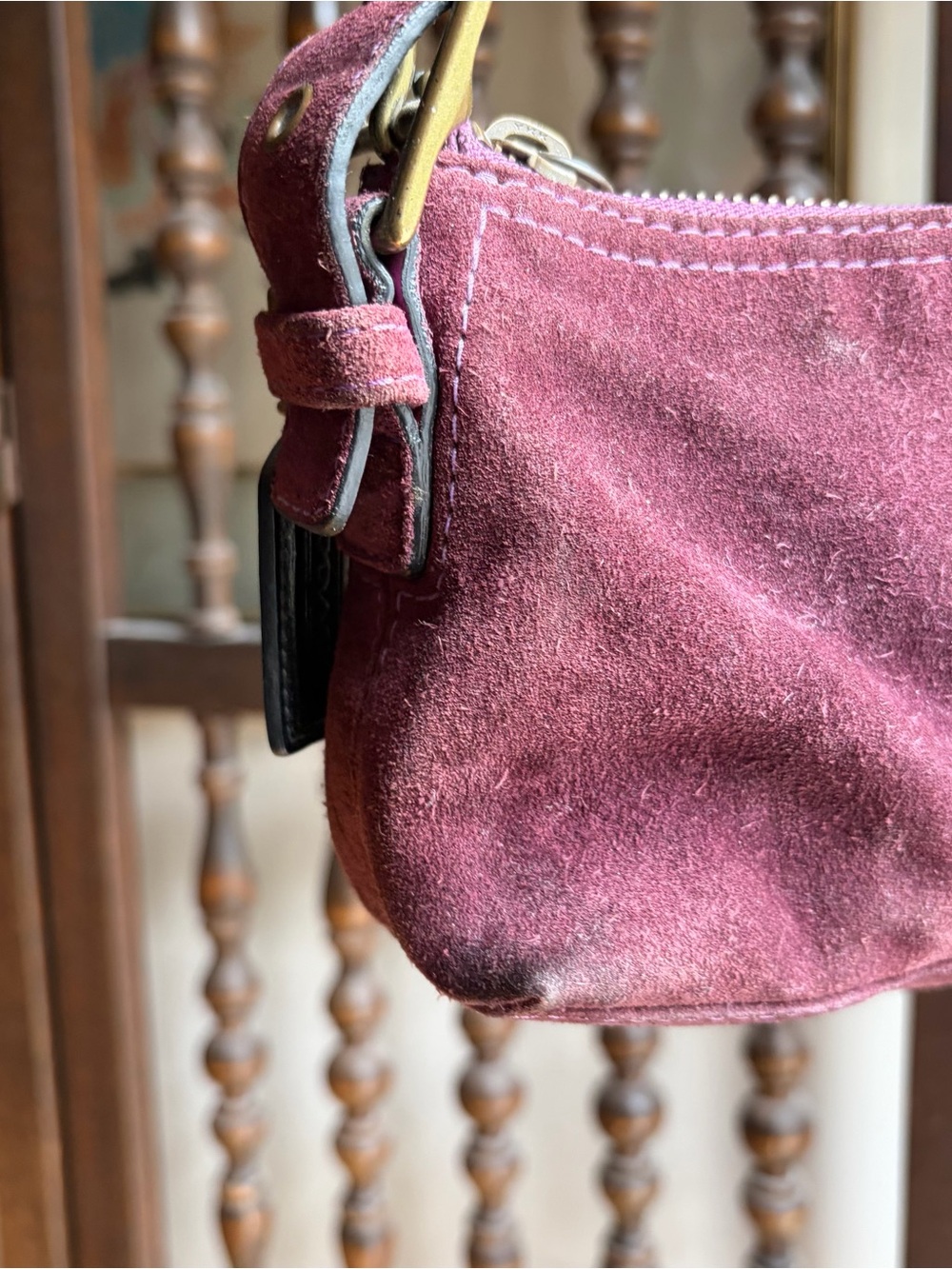 COACH Hamptons Suede Soft Demi #7470 Aubergine Vintage Y2K Baguette Shoulder Bag - Picture 11 of 16